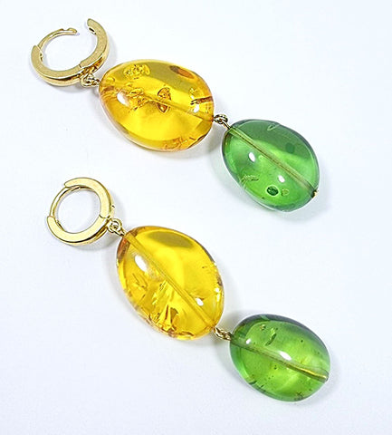 Multi-Color Amber Nugget Dangle Earrings 14k Gold Plated