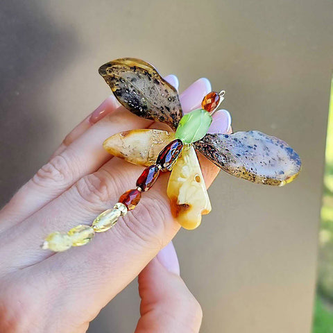 Multi-Color Amber Dragonfly Brooch - Pendant