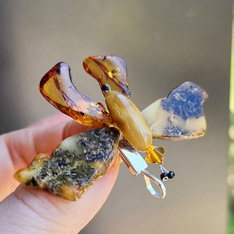 Milky & Cognac Amber Butterfly Brooch - Pendant