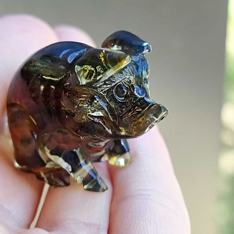 Fossil Amber Carved Pig Figurine