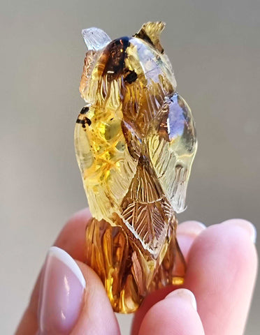 Fossil Amber Carved Owls Figurine