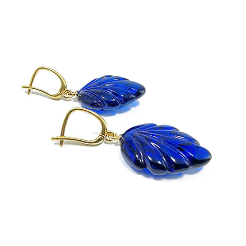 Blue Amber Leaf Dangle Earrings