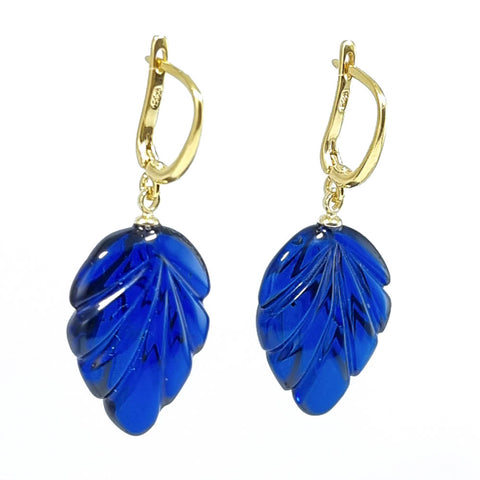 Blue Amber Leaf Dangle Earrings