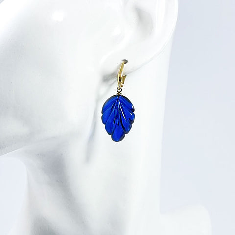 Blue Amber Leaf Dangle Earrings