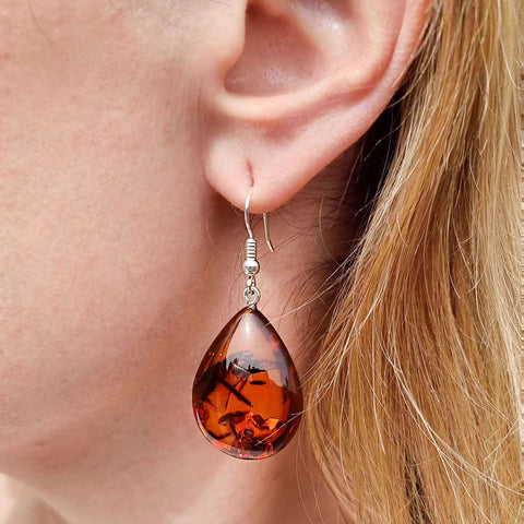 Cognac Amber Drop Dangle Earrings Sterling Silver