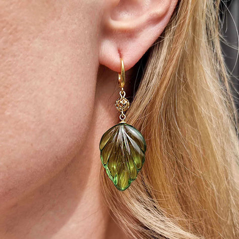 Green Amber Leaf Dangle Earrings