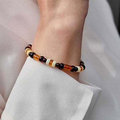 Multi-Color Amber Round, Barrel & Tablet Beads Stretch Bracelet