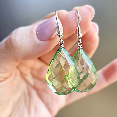 Green Amber Faceted Drop Dangle Earrings Sterling Silver