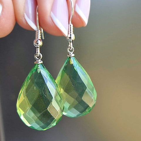 Green Amber Faceted Drop Dangle Earrings Sterling Silver