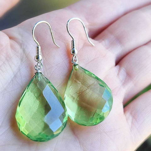 Green Amber Faceted Drop Dangle Earrings Sterling Silver