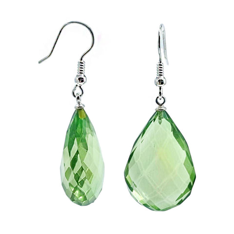 Green Amber Faceted Drop Dangle Earrings Sterling Silver