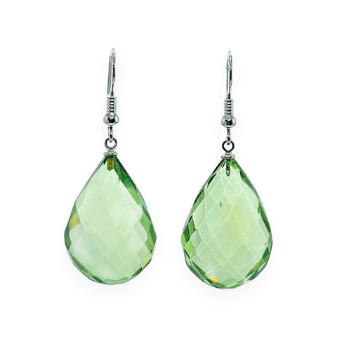 Green Amber Faceted Drop Dangle Earrings Sterling Silver