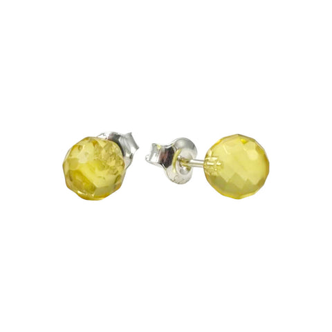 Lemon Amber Faceted Round Bead Stud Earrings Sterling Silver