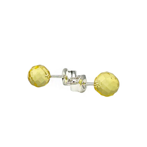 Lemon Amber Faceted Round Bead Stud Earrings Sterling Silver