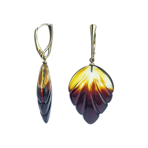 Gradient Amber Leaf Dangle Earrings 14k Gold Plated