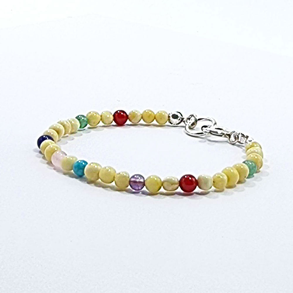 Milky Amber Round Beads Stretch Bracelet Sterling Silver