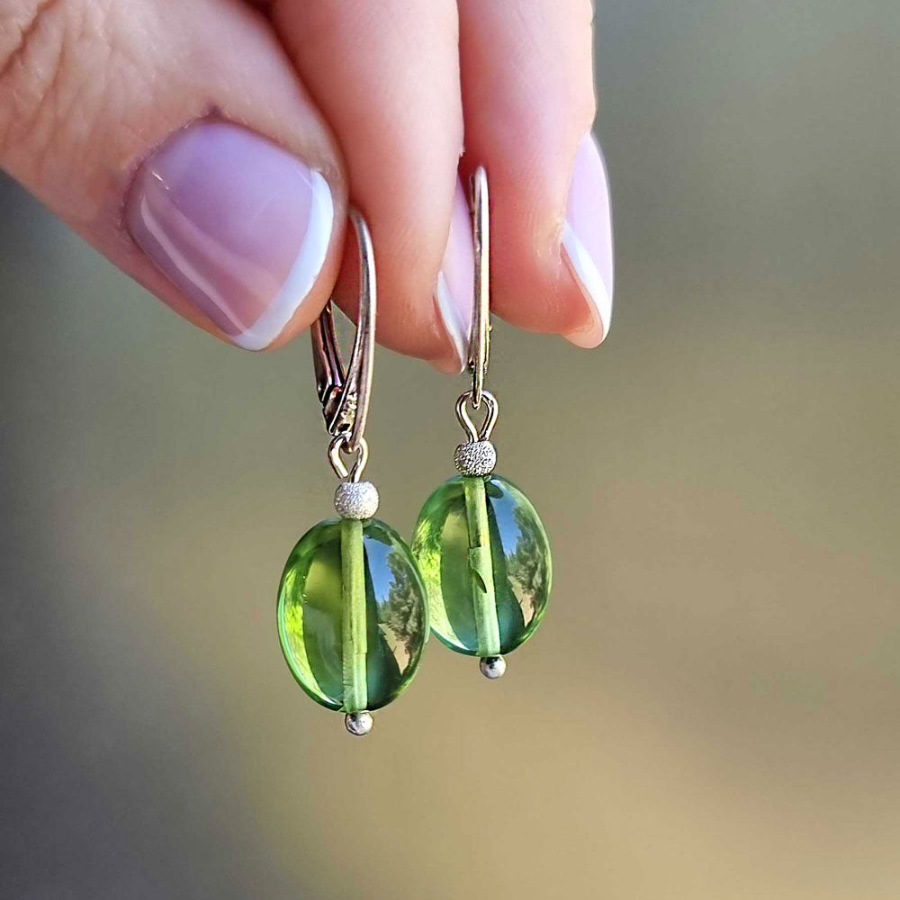 Green Amber Olive Dangle Earrings Sterling Silver