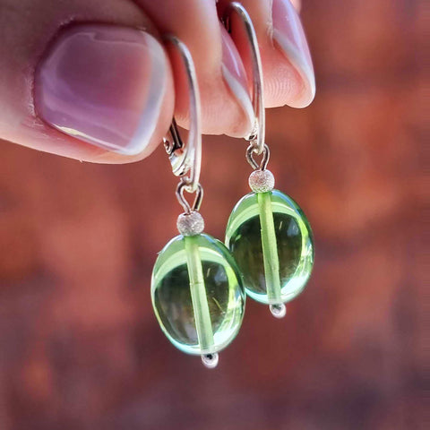 Green Amber Olive Dangle Earrings Sterling Silver