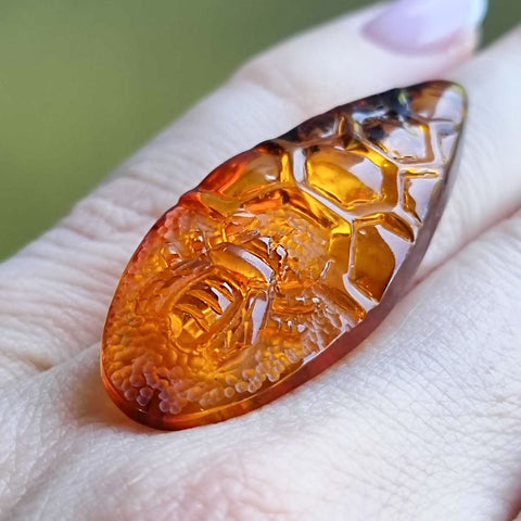 Cognac Amber Carved Bee On Honeycomb Cognac Cabochon