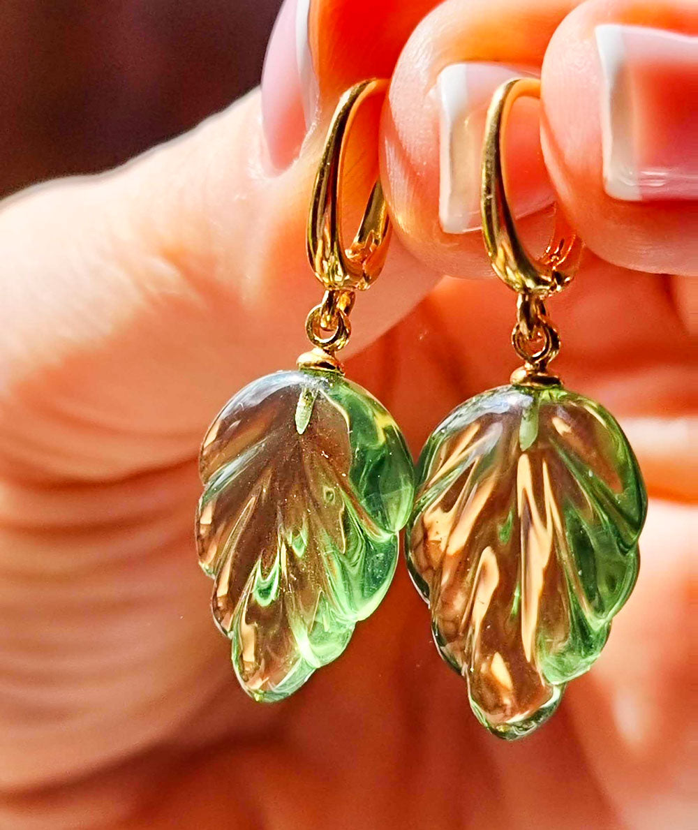 Green Amber Leaf Dangle Earrings 14K Gold Plated