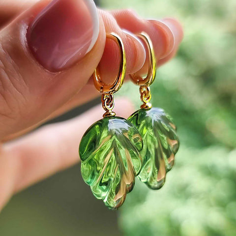 Green Amber Leaf Dangle Earrings 14K Gold Plated