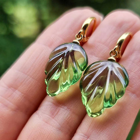 Green Amber Leaf Dangle Earrings 14K Gold Plated