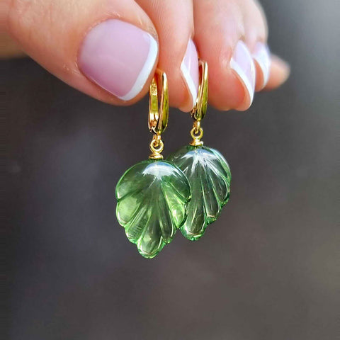 Green Amber Leaf Dangle Earrings 14K Gold Plated