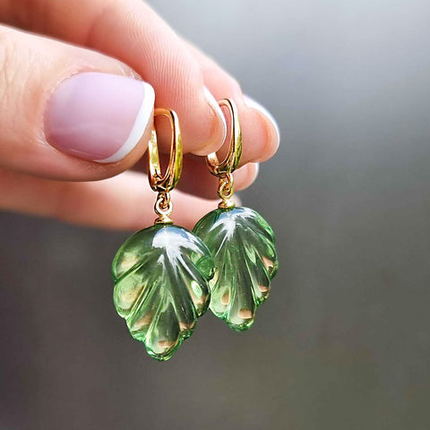 Green Amber Leaf Dangle Earrings 14K Gold Plated