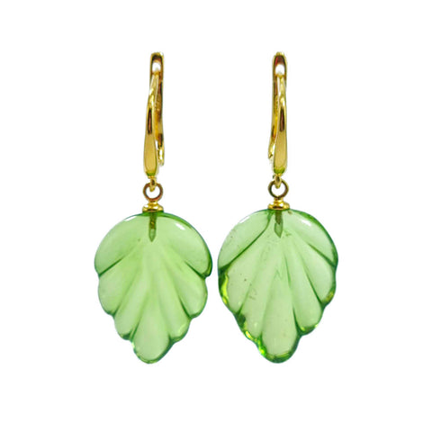 Green Amber Leaf Dangle Earrings 14K Gold Plated