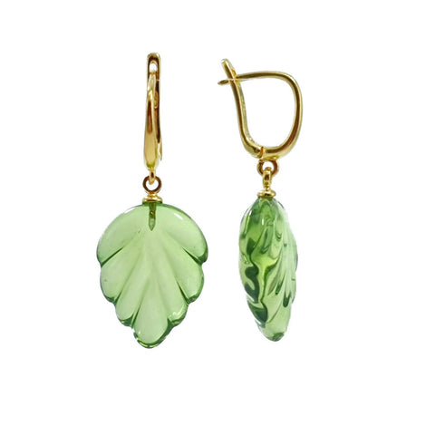 Green Amber Leaf Dangle Earrings 14K Gold Plated