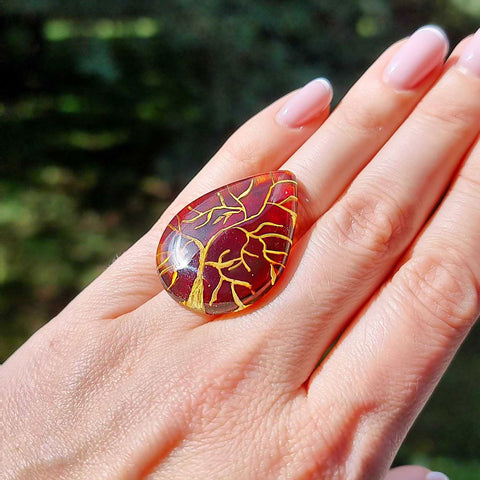 Gradient Color Amber Carved Drop Shape Cabochon