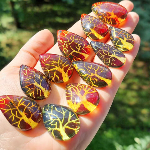 Gradient Color Amber Carved Drop Shape Cabochon