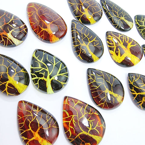 Gradient Color Amber Carved Drop Shape Cabochon