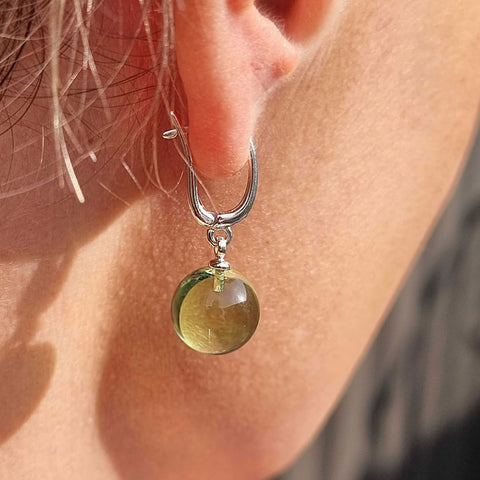 Green Amber Round Dangle Earrings Sterling Silver