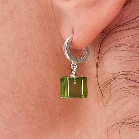 Green Amber Cube Dangle Earrings Sterling Silver