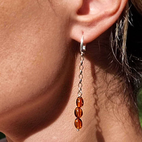 Cognac Amber Small Nugget Dangle Earrings Sterling Silver