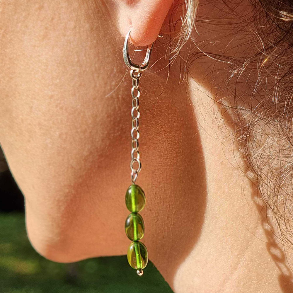 Green Amber Small Nugget Dangle Earrings Sterling Silver