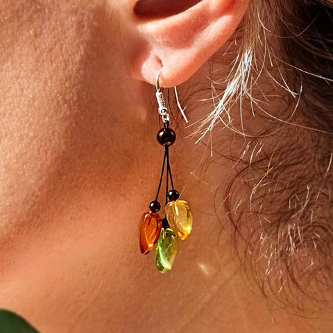 Night Magic Multi-Color Amber Leaves Dangle Earrings Sterling Silver