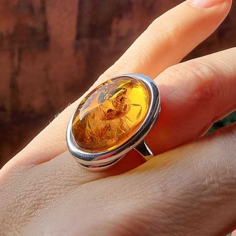 Cognac Amber Free Shape Adjustable Ring Sterling Silver