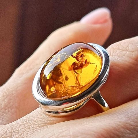 Cognac Amber Free Shape Adjustable Ring Sterling Silver