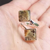 Milky Fossil Amber Square Shape Adjustable Ring Sterling Silver