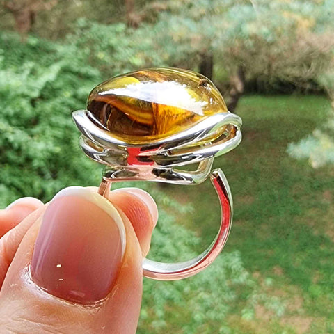 Natural Amber Free Shape Bead Adjustable Ring Sterling Silver With Insect