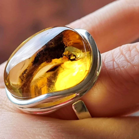 Natural Amber Free Shape Bead Adjustable Ring Sterling Silver With Insect