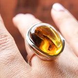 Natural Amber Free Shape Bead Adjustable Ring Sterling Silver With Insect