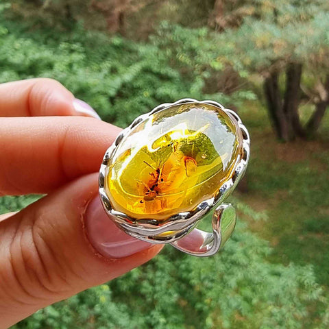 Natural Amber Free Shape Bead Adjustable Ring Sterling Silver With Insect