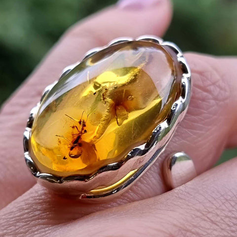 Natural Amber Free Shape Bead Adjustable Ring Sterling Silver With Insect