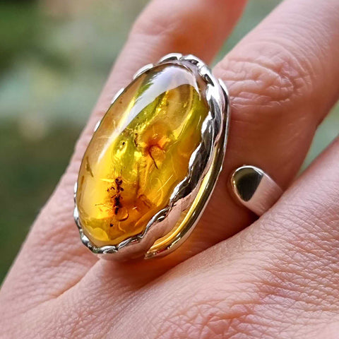 Natural Amber Free Shape Bead Adjustable Ring Sterling Silver With Insect