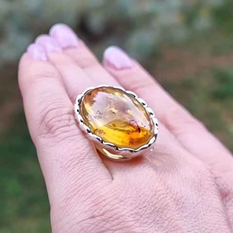 Natural Amber Free Shape Bead Adjustable Ring Sterling Silver With Insect