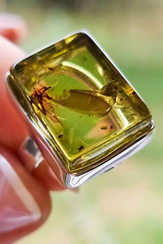 Green Amber Free Shape Bead Adjustable Ring Sterling Silver With Insect