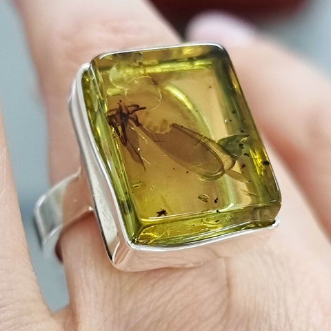 Green Amber Free Shape Bead Adjustable Ring Sterling Silver With Insect